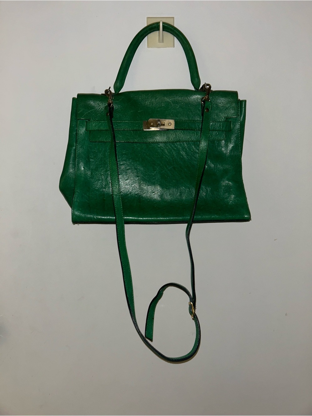 Emerald Green Leather Structured Shoulder Bag with Top Handle